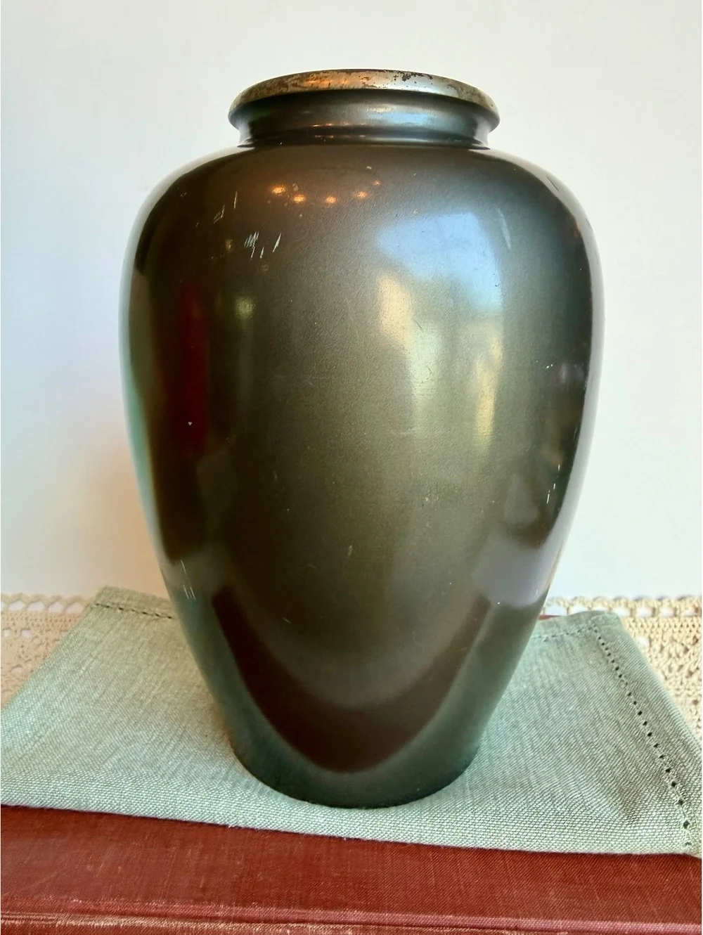 Vintage Japanese Metal Vase Cranes Herons Etched Waves Made in Japan 8.5